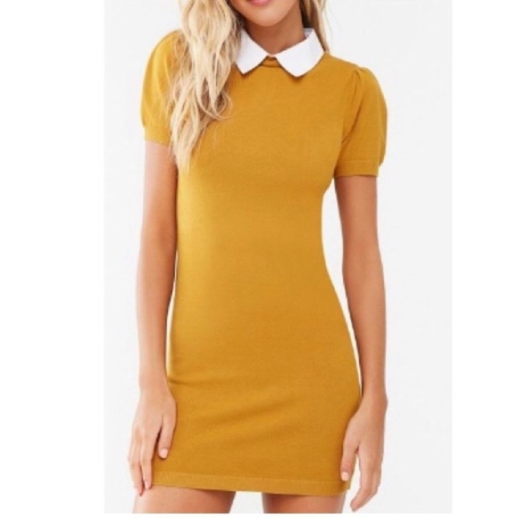 Forever 21 Mustard Marigold Puff Sleeve White Collar Mini Dress Retro, sz large - Picture 1 of 9